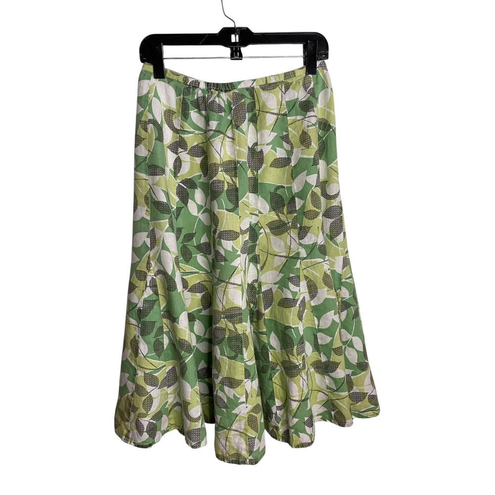 JM Collection Womens Green White Leaf Print 100% Linen A-Line Midi Skirt Size 8